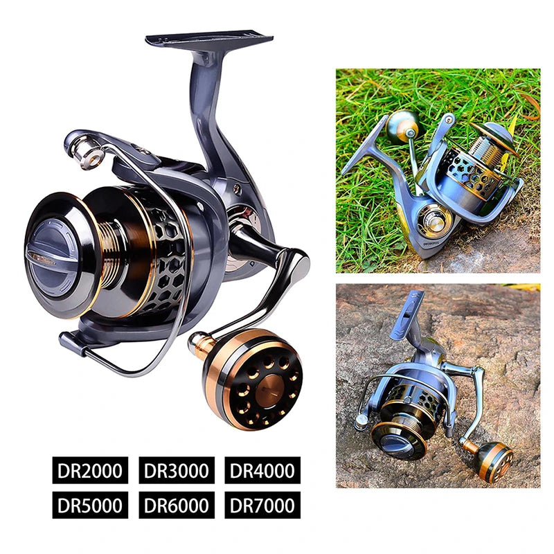 Moulinet de pêche spinning série DR tailles 2000 à 7000, polyvalent pour la pêche au leurre en eau douce et en mer, brochet, bar, perche et sandre.