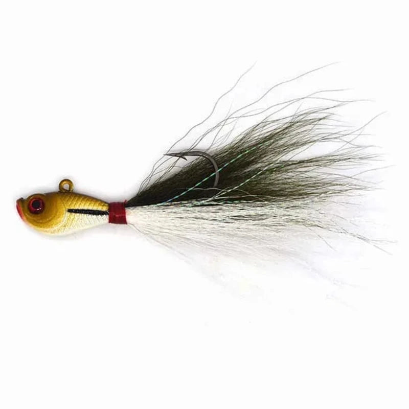 Bucktail jig noir avec tête plombée dorée et jupe bucktail pour pêche en mer