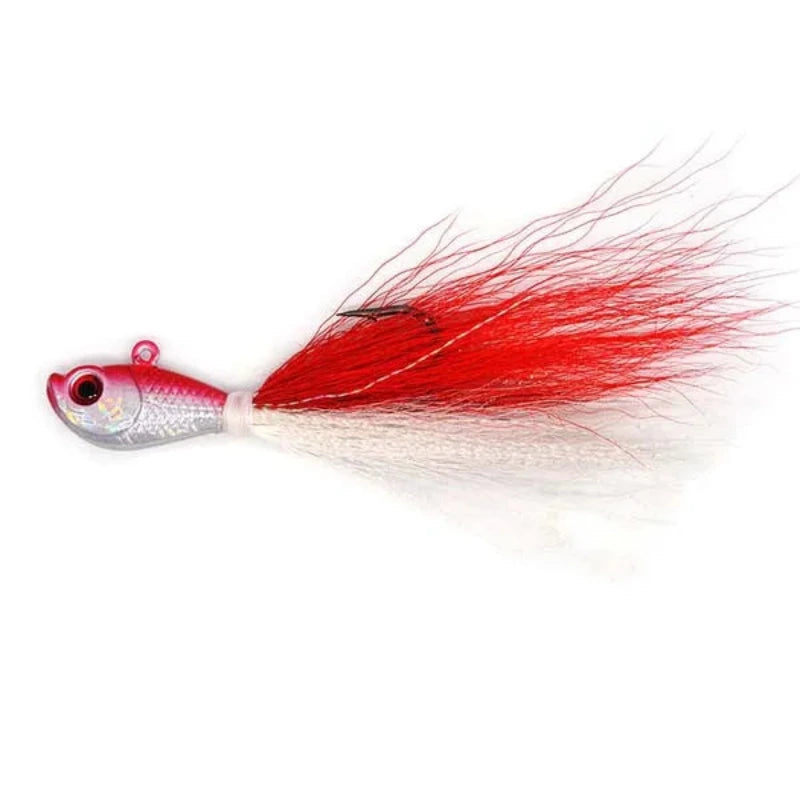 Bucktail jig rouge avec tête plombée et jupe bucktail pour pêche en mer