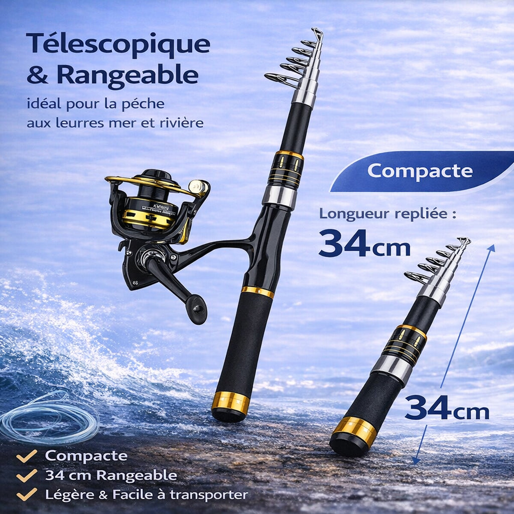 Fiche technique canne à pêche télescopique carbone 1m60 légère et compacte pour la pêche aux leurres