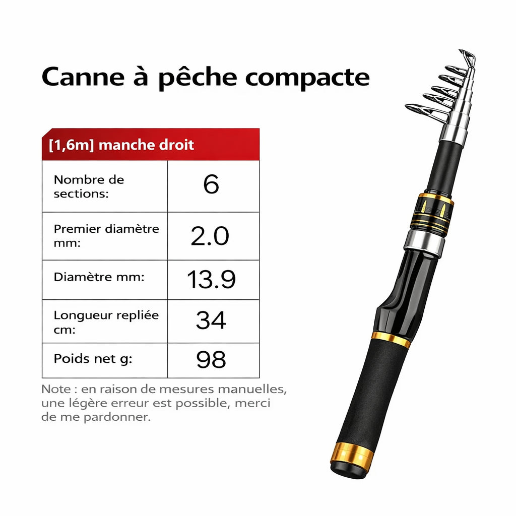 Canne à pêche télescopique ultra compacte 34 cm tenant dans la main, facile à transporter pour la pêche aux leurres