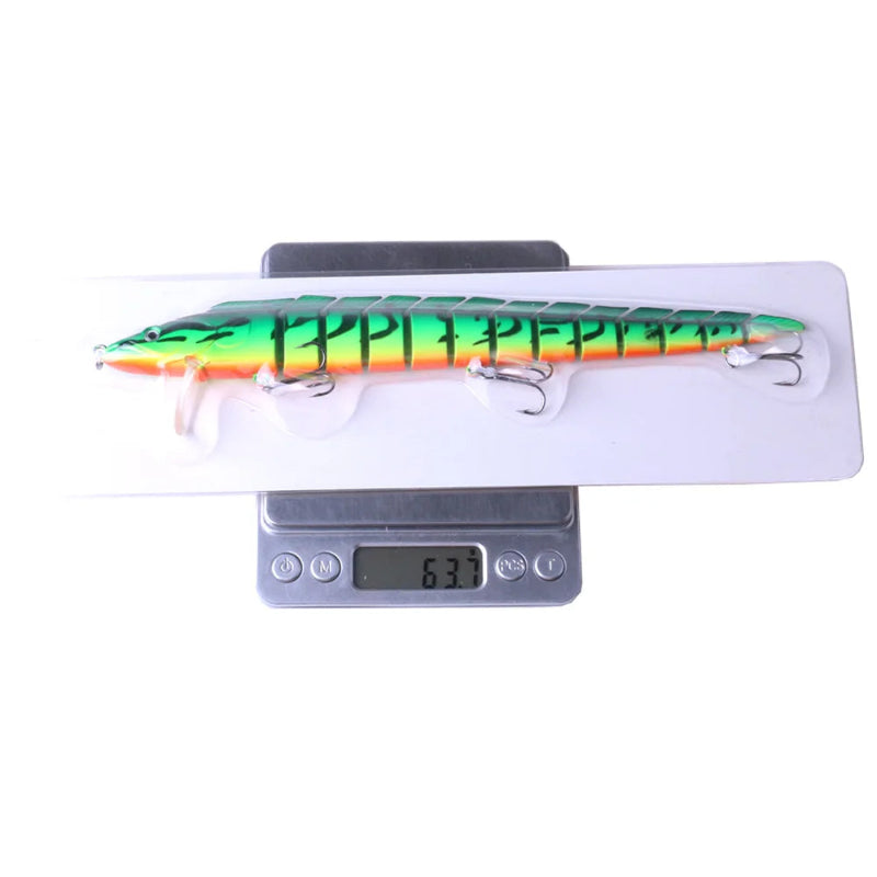 Leurre articulé Newup 23cm vert perche dessus dessous et profil