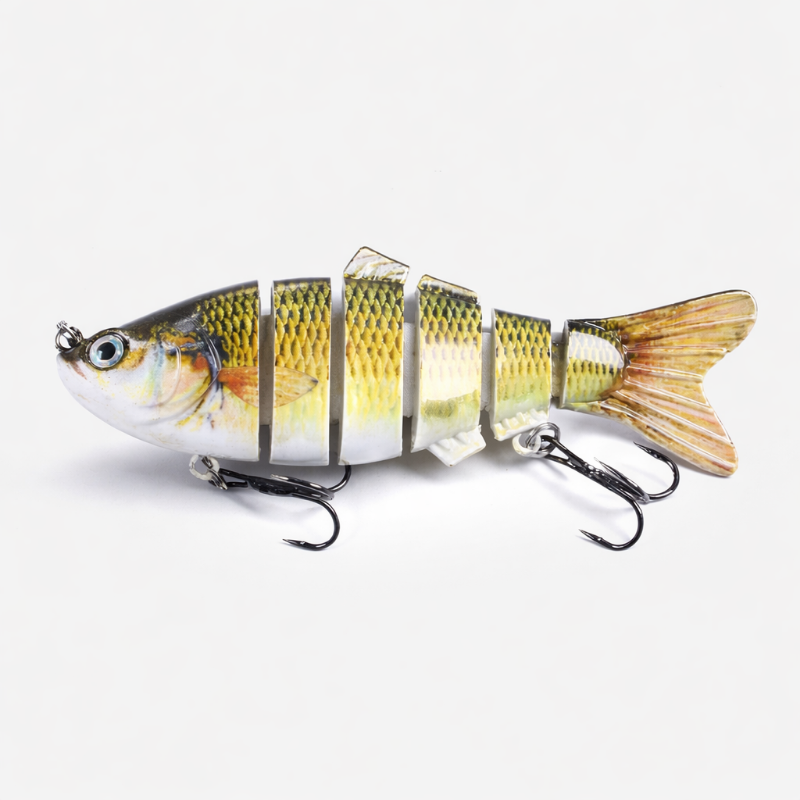 Leurre brochet articulé 6 segments coloris gardon naturel 12,5 cm avec yeux 3D et hameçons triples
