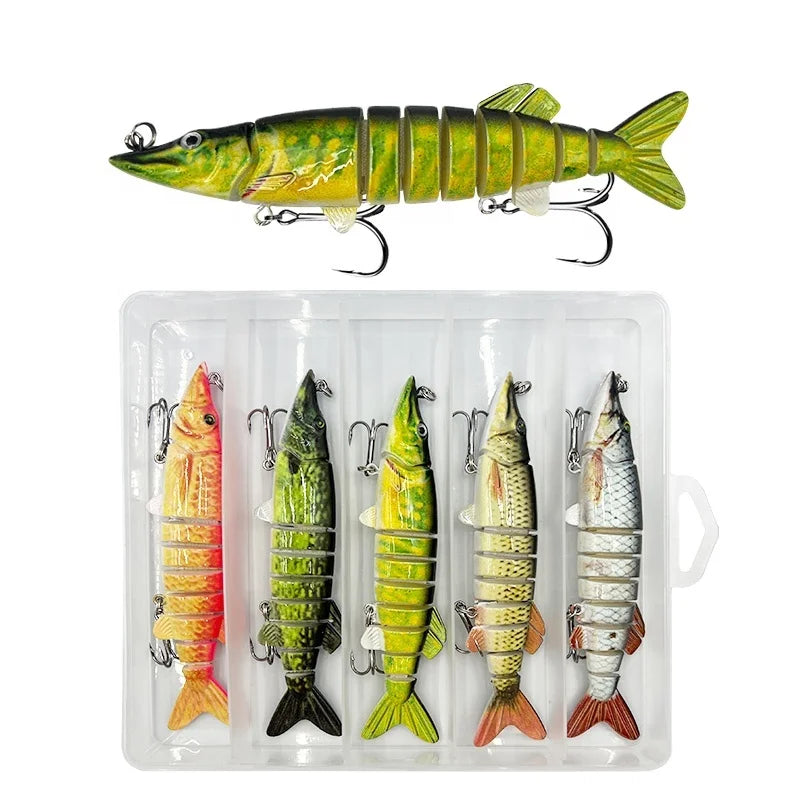 Lot 5 leurres articulés swimbait 12,7cm 9 segments 5 coloris coffret