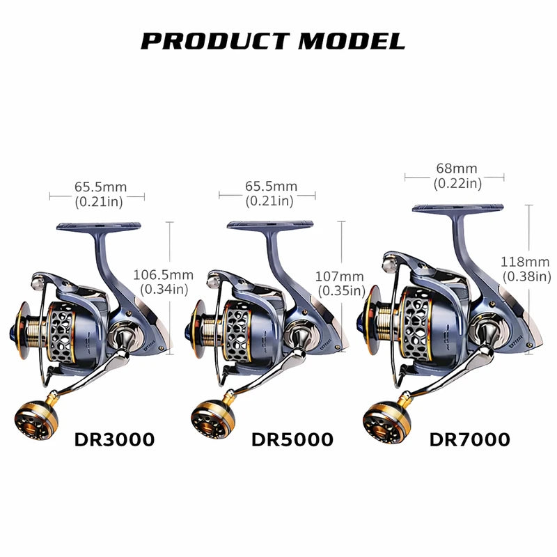 Tailles et dimensions des moulinets de pêche spinning DR3000, DR5000 et DR7000
