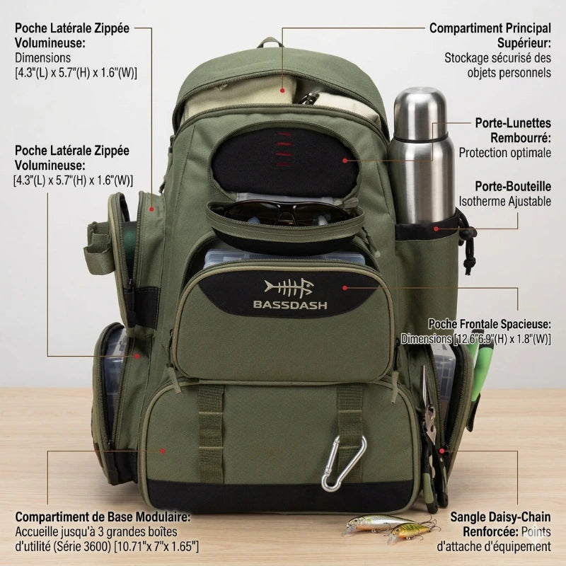Sac à dos de pêche Bassdash compartiment boîtes 3600