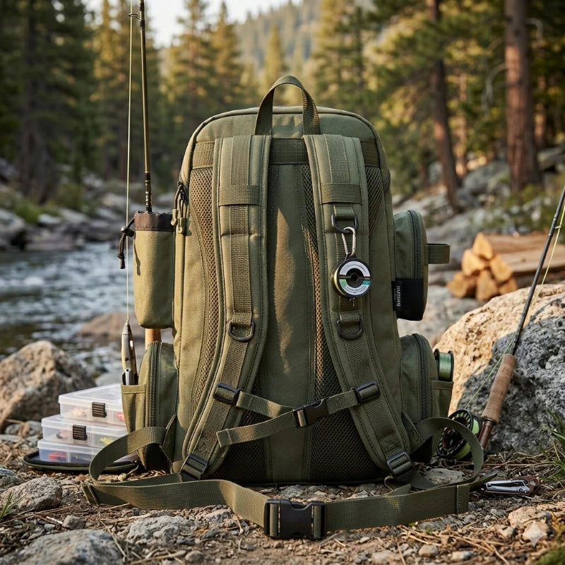 Sac à dos de pêche Bassdash ouvert avec compartiments